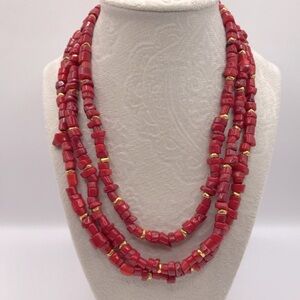Elegant Triple Strand Red Coral Bead Necklace